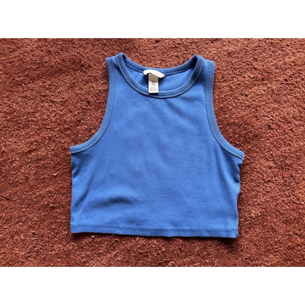 H&M Blue Ribbed Cropped Tank‎ Top M Medium